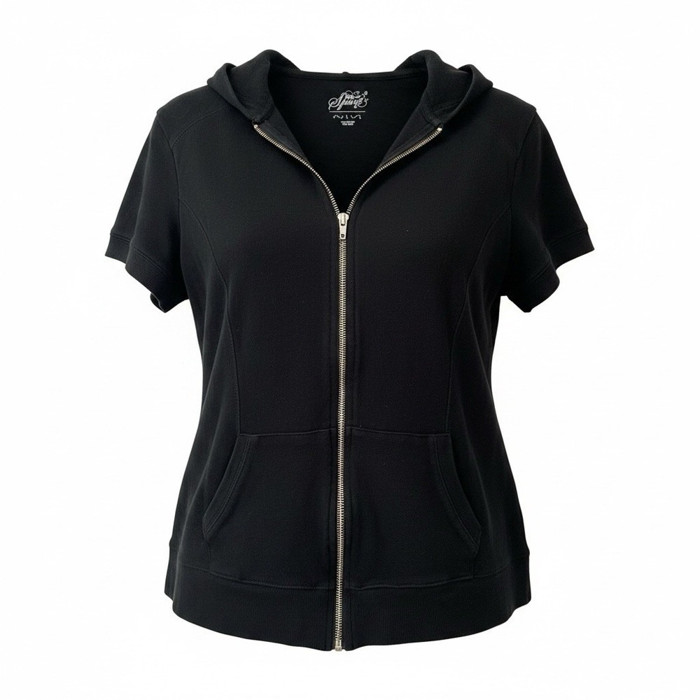 Style & Co Sport Womens Large Black Short Sleeve Hooded Jacket Full Zip Pockets